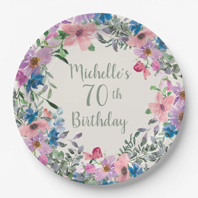 Assiettes En Carton Aquarelle bleu rose violet 70e anniversaire (Devant)