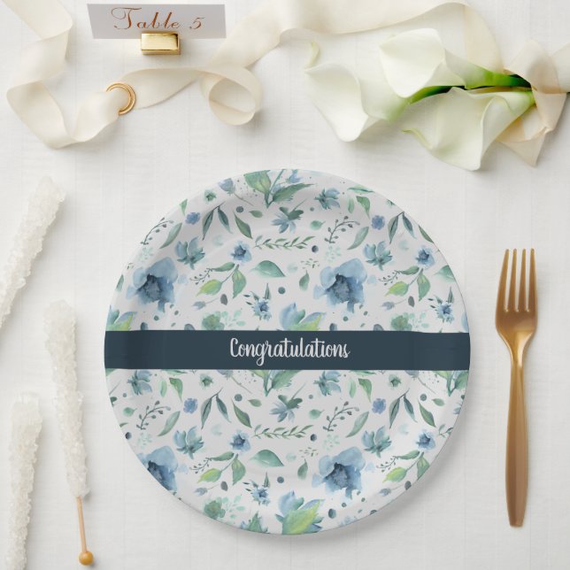Assiettes En Carton Aquarelle Bleu sur Floral Personnalisé Gris Clair  (Mariage)
