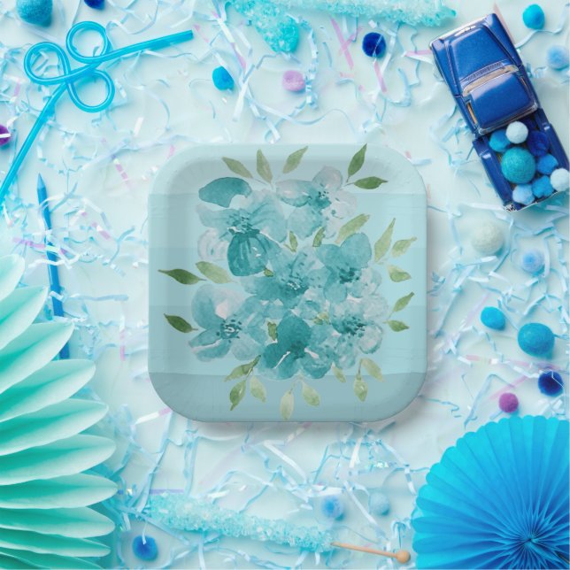 Assiettes En Carton Aquarelle bleu turquoise Fleur sauvage (Fête)