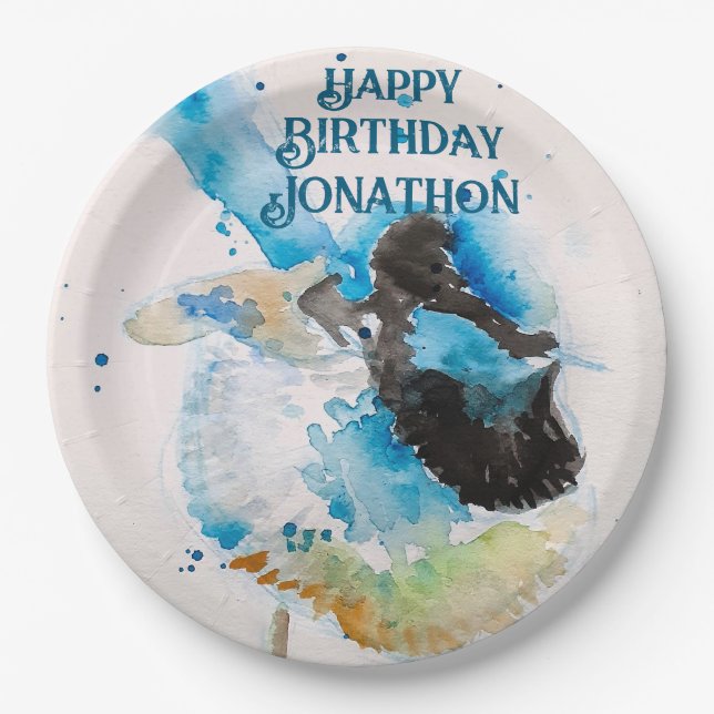 Assiettes En Carton Aquarelle bleu Wren Joyeux Anniversaire Wrens Aqua (Devant)