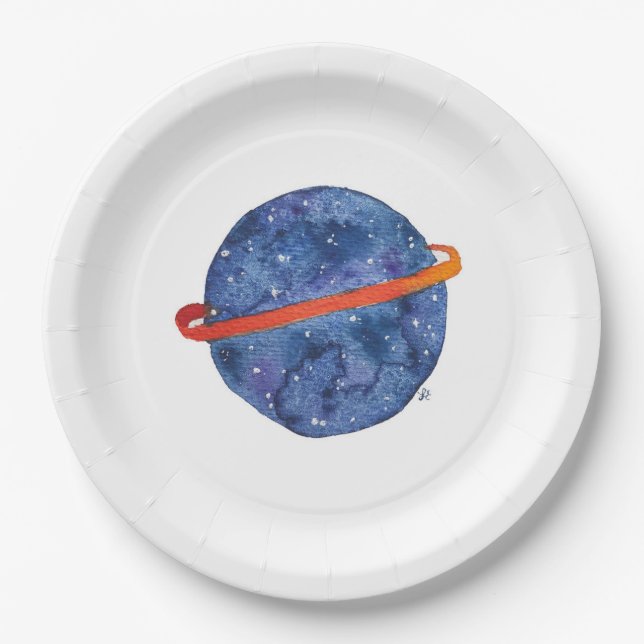 Assiettes En Carton Aquarelle bleue de galaxie de planète (Devant)