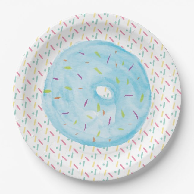 Assiettes En Carton Aquarelle bleue Donut et arrosages congelés (Devant)