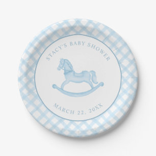 Assiettes En Carton Aquarelle bleue En vichy Baby shower à Cheval Roch