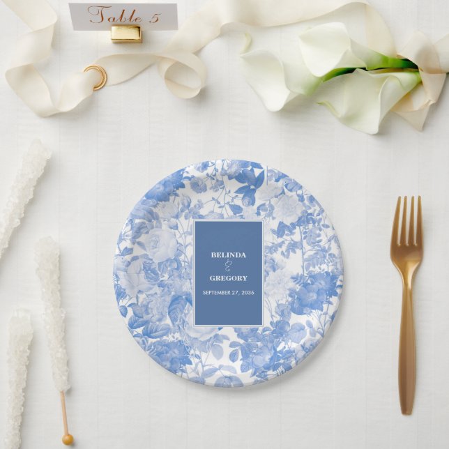 Assiettes En Carton Aquarelle bleue Mariage de fleurs botaniques (Mariage)