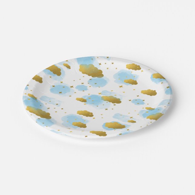 Assiettes En Carton Aquarelle bleue Nuages Gold Stars Sky (Angle)