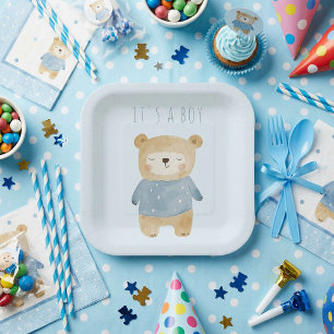 Assiettes En Carton Aquarelle bleue ours mignon c'est un garçon