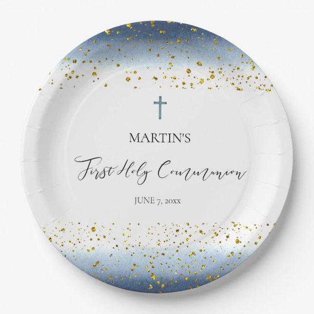Assiettes En Carton aquarelle bleue Première Communion (Devant)