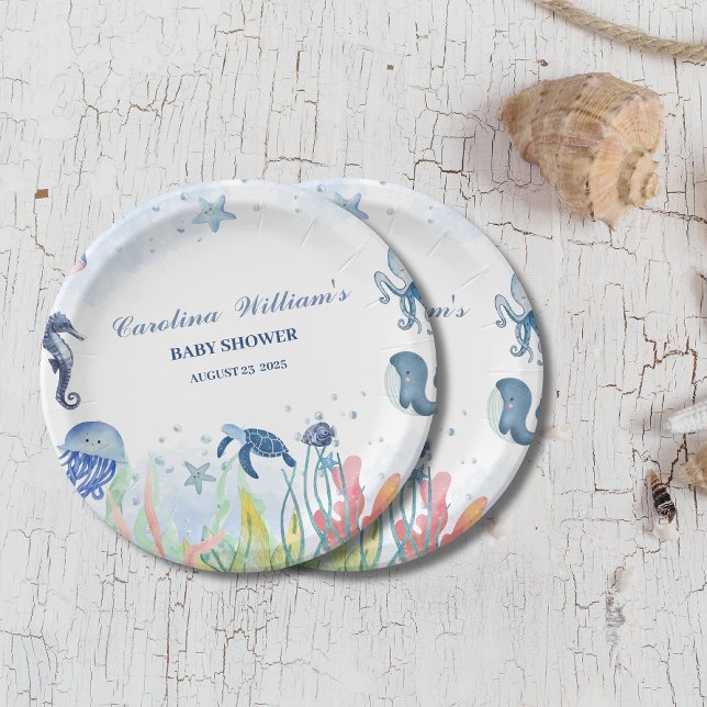 Assiettes En Carton Aquarelle bleue Sous le baby shower marin (Créateur téléchargé)