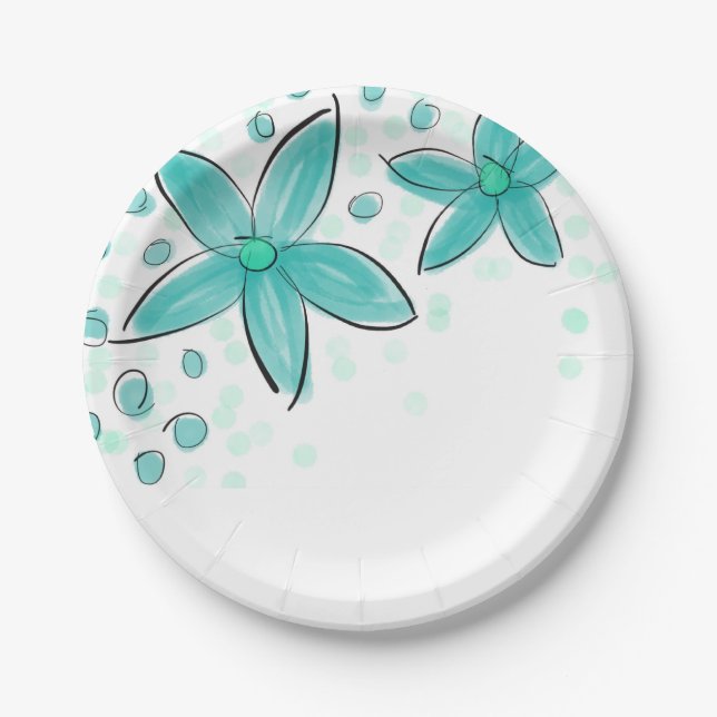 Assiettes En Carton Aquarelle bleue turquoise motif floral (Devant)