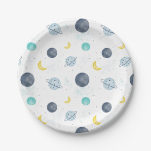 Assiettes En Carton Aquarelle Blue Space Planet Motif
