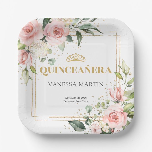 Assiettes En Carton Aquarelle Blush rose eucalyptus or quinceanera (Recto)