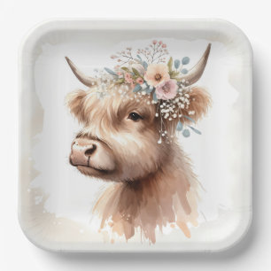 Assiettes En Carton Aquarelle Boho Highland Vache avec fleurs nuptiale