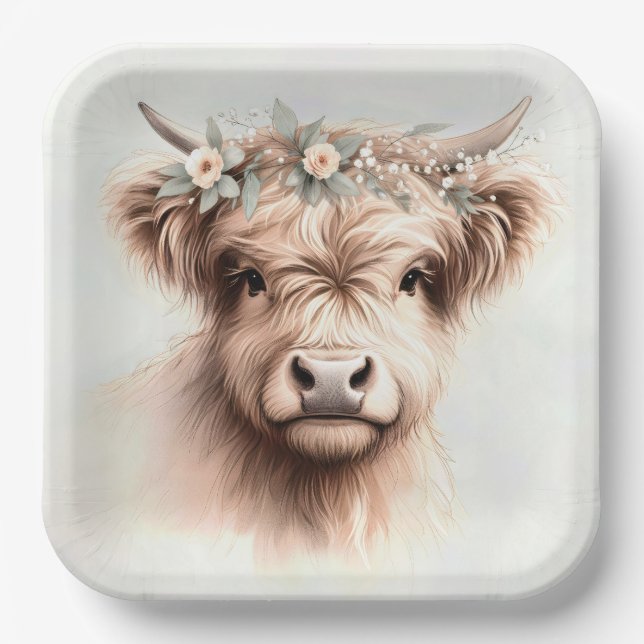 Assiettes En Carton Aquarelle Boho Highland Vache avec tête nuptiale (Recto)
