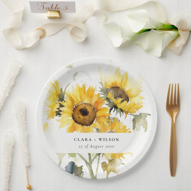 Assiettes En Carton Aquarelle Boho minimale Tournesol Mariage rustique (Mariage)
