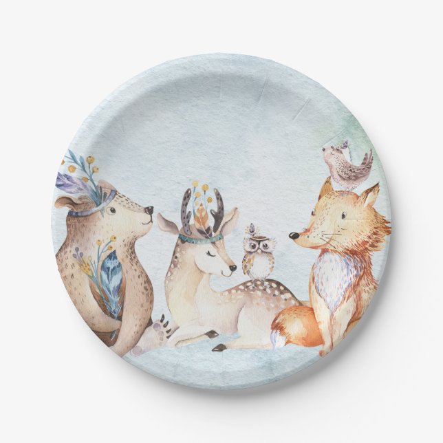 Assiettes En Carton Aquarelle Boho Ours Rustique Animaux Baby shower (Devant)