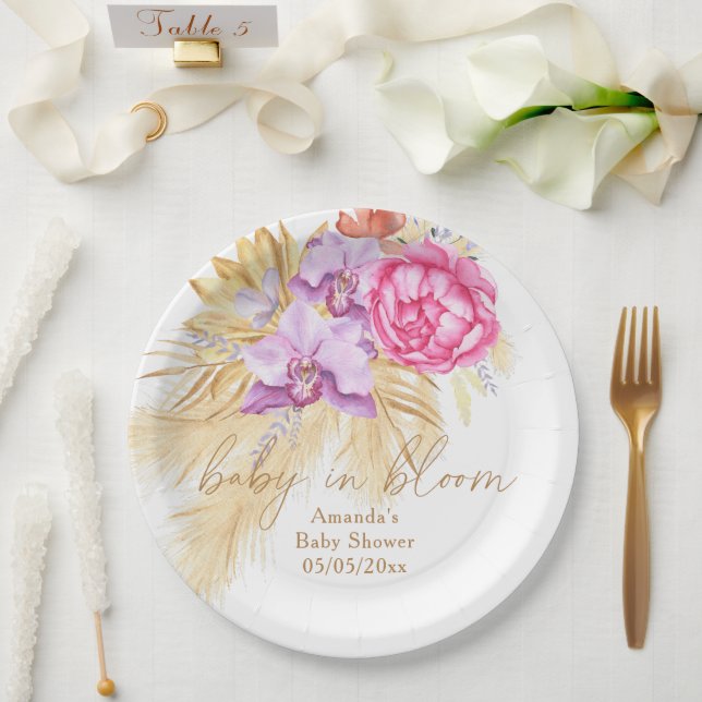 Assiettes En Carton Aquarelle boho pampas herbe - Baby shower (Mariage)