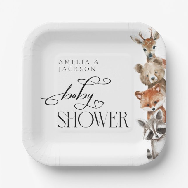 Assiettes En Carton Aquarelle Bois Animaux Baby shower moderne (Recto)
