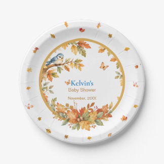 Assiettes En Carton Aquarelle Bois Automnal Oiseau & Feuilles D'automn