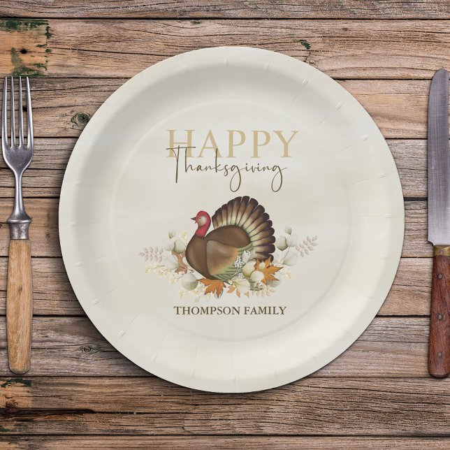Assiettes En Carton Aquarelle Bon thanksgiving simple Turquie simple (Happy Thanksgiving custom paper plate with turkey and greenery. )