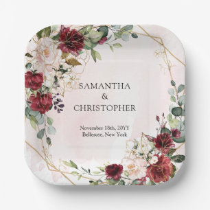 Assiettes En Carton Aquarelle bordeaux et mariage or roux