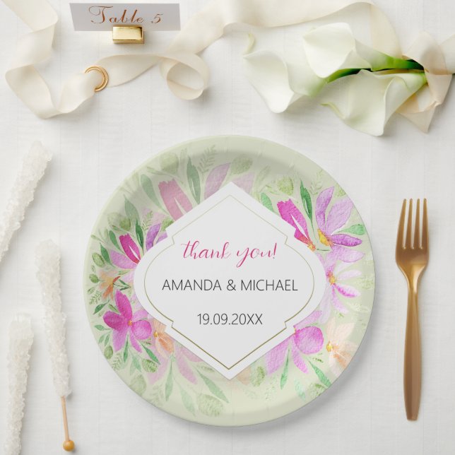 Assiettes En Carton Aquarelle botanique Boho rose Lilac Floral (Mariage)