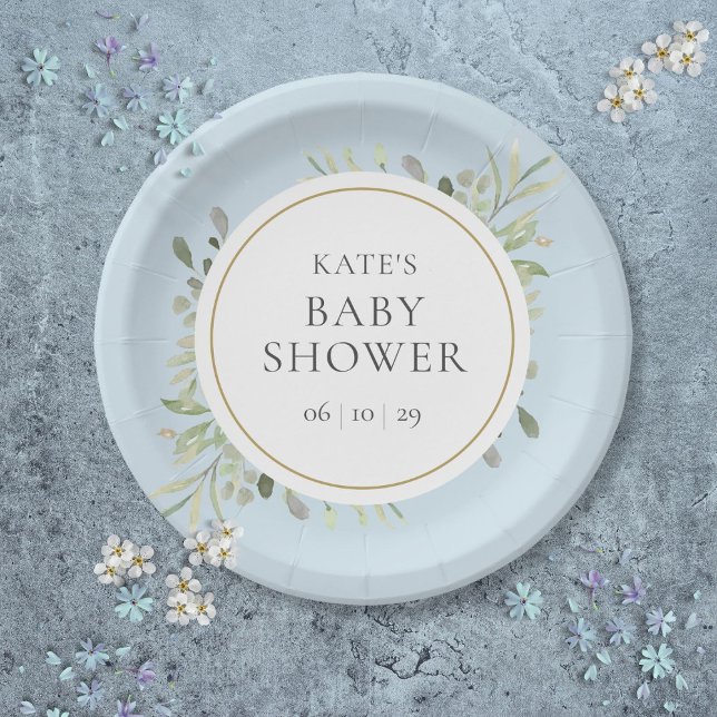 Assiettes En Carton Aquarelle botanique Vert Bleu Bébé Garçon Douche (Botanical Watercolor Greenery Blue Baby Boy Shower Paper Plates)