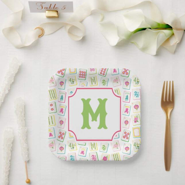 Assiettes En Carton Aquarelle brillante Mahjong Titres Monogramme (Mariage)