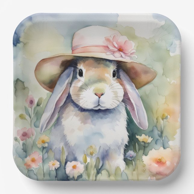 Assiettes En Carton Aquarelle Bunny avec nouveau Casquette (Recto)