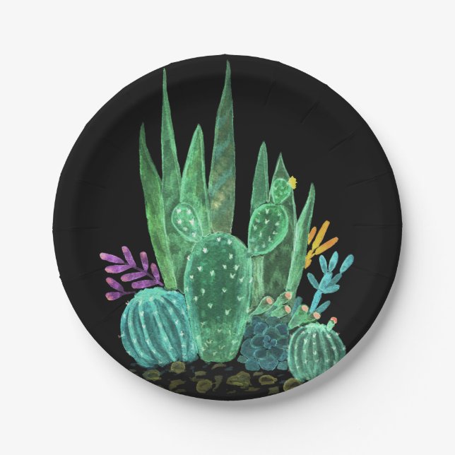 Assiettes En Carton Aquarelle, cactus (Devant)