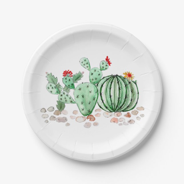 Assiettes En Carton Aquarelle cactus fleurs plante dessin animé (Devant)