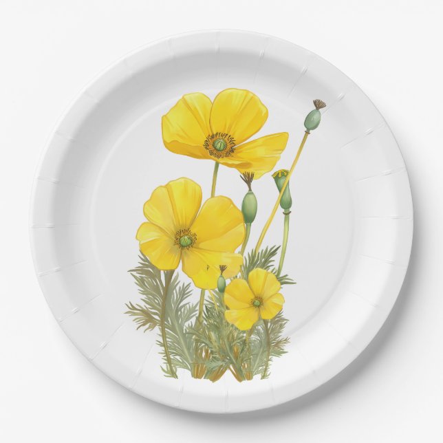 Assiettes En Carton Aquarelle Californie Populaire Fleur Jaune (Devant)
