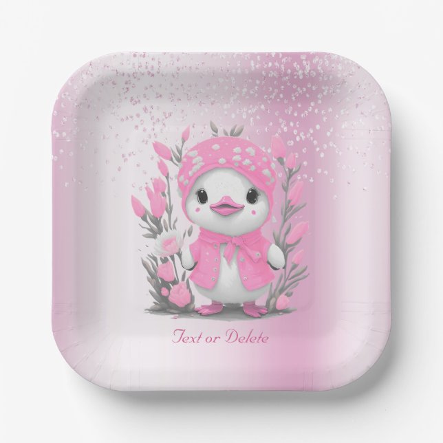 Assiettes En Carton Aquarelle Canard rose Fleurs Plaque en papier (Recto)