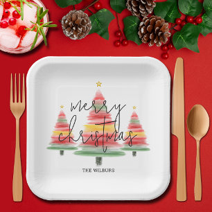 Assiettes En Carton Aquarelle Carré Arbres de Noël
