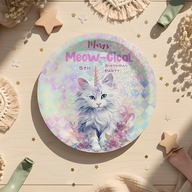 Assiettes En Carton Aquarelle Caticorn Meow-Gical Anniversaire (Créateur téléchargé)
