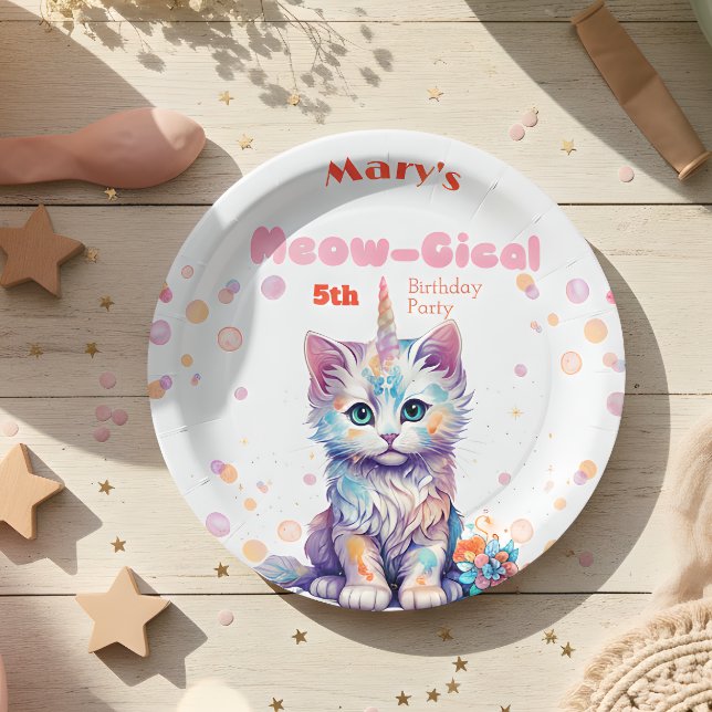 Assiettes En Carton Aquarelle Caticorn Meow-Gical Anniversaire (Créateur téléchargé)