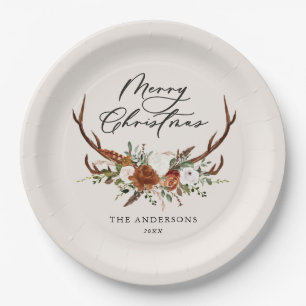 Assiettes En Carton aquarelle cerf fleurs merveille Noël