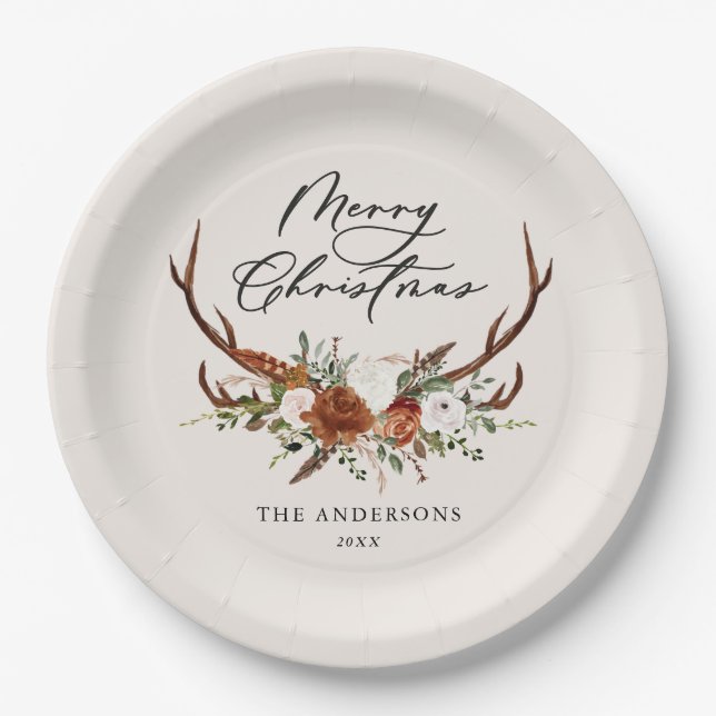Assiettes En Carton aquarelle cerf floral joyeux noël (Devant)