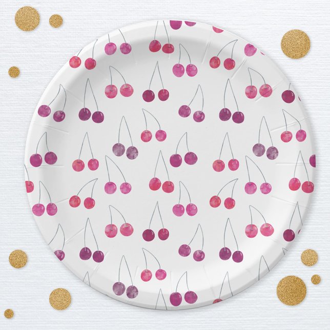 Assiettes En Carton Aquarelle cerise (Watercolor cherries pattern party paper plate)