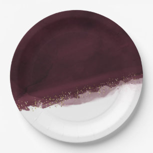 Assiettes En Carton Aquarelle Cerise Noire & Or Élégant Chic Moderne