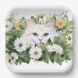 Assiettes En Carton Aquarelle Chat Blanc Dans Les Faisceaux