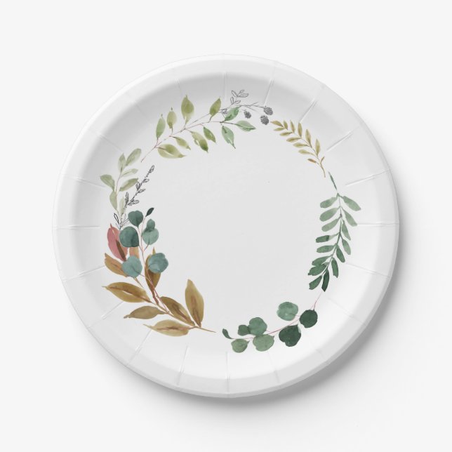 Assiettes En Carton Aquarelle Chute Feuilles Verdure Courbe Moderne (Devant)