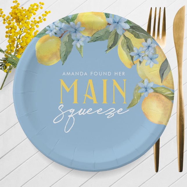 Assiettes En Carton Aquarelle Citron Bleu Coup de Coeur Personnalisé (Watercolor Lemon Main Squeeze Personalized Paper Plates on Blue. 7'' or 9'' Available)