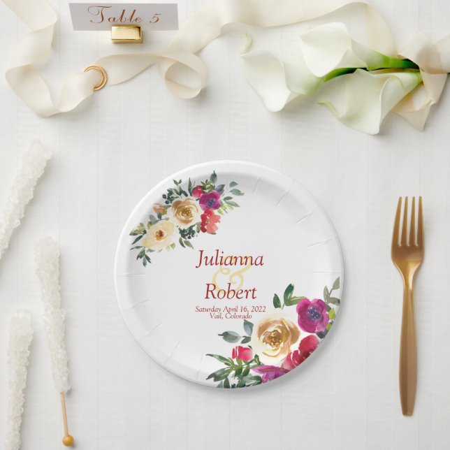 Assiettes En Carton Aquarelle citron et papier mariage à fleurs magent (Mariage)