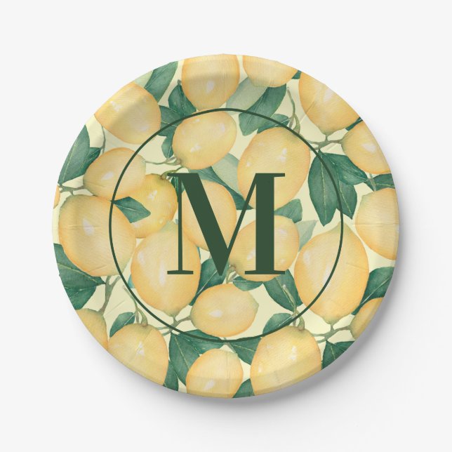 Assiettes En Carton Aquarelle Citrons Verdure Monogramme (Devant)