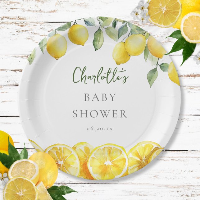 Assiettes En Carton Aquarelle Citrus Baby shower (Watercolor Lemon Citrus Baby Shower Paper Plates)