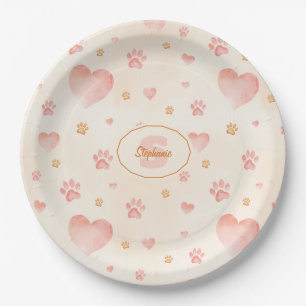 Assiettes En Carton Aquarelle Coeurs et Empreintes de pattes Motif