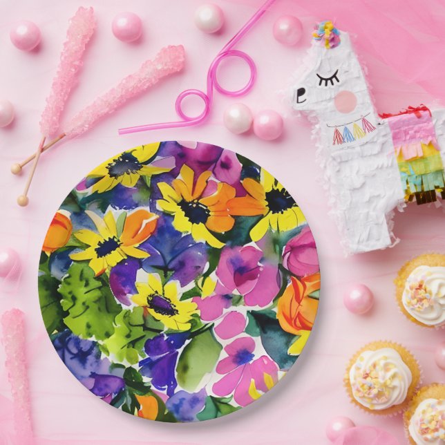 Assiettes En Carton Aquarelle colorée Art Floral (Fête)