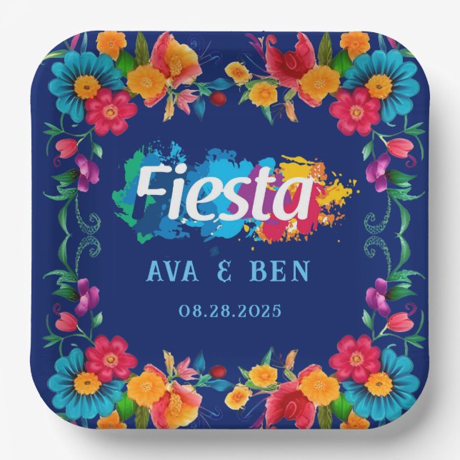 Assiettes En Carton Aquarelle colorée Floral Fiesta Mariage (Recto)