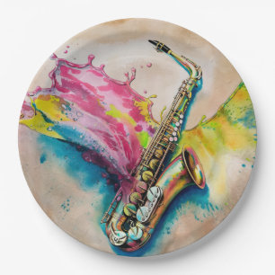 Assiettes En Carton Aquarelle colorée Saxophone Splash