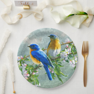 Assiettes En Carton Aquarelle couleur bleu clair jaune Oiseaux cerisie